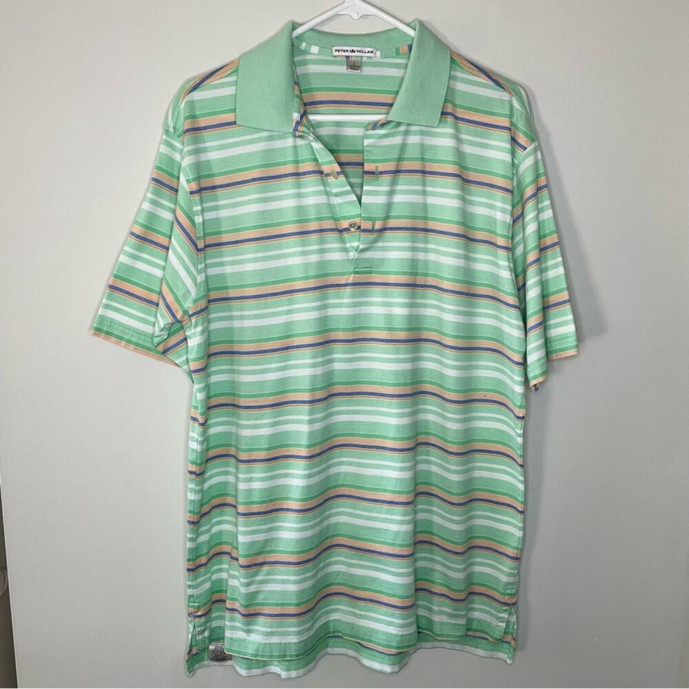 Peter Millar Striped Green and Orange Short Sleeve Polo Size L